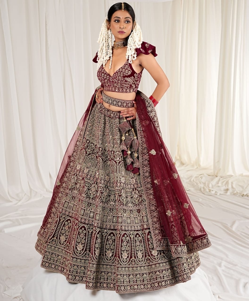 Buy NECWA Semi Stitched Dulhan Bridal Wedding Heavy Designer Heavy  Embroidery Work Lehenga Choli Set | Maroon Colour at Amazon.in